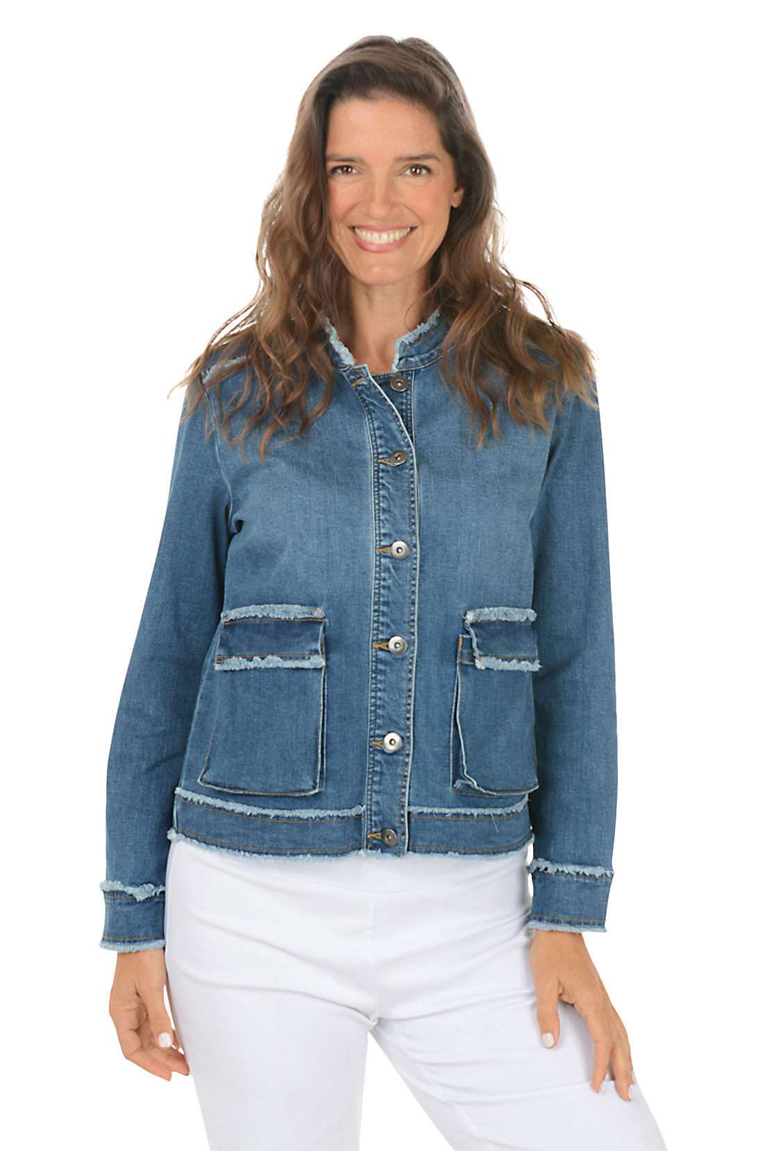 Woman wearing a blue denim jacket on a white background.