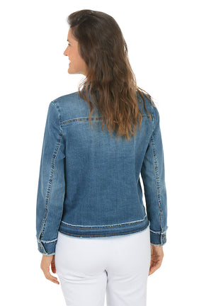 Woman wearing a blue denim jacket on a white background. Back shot.