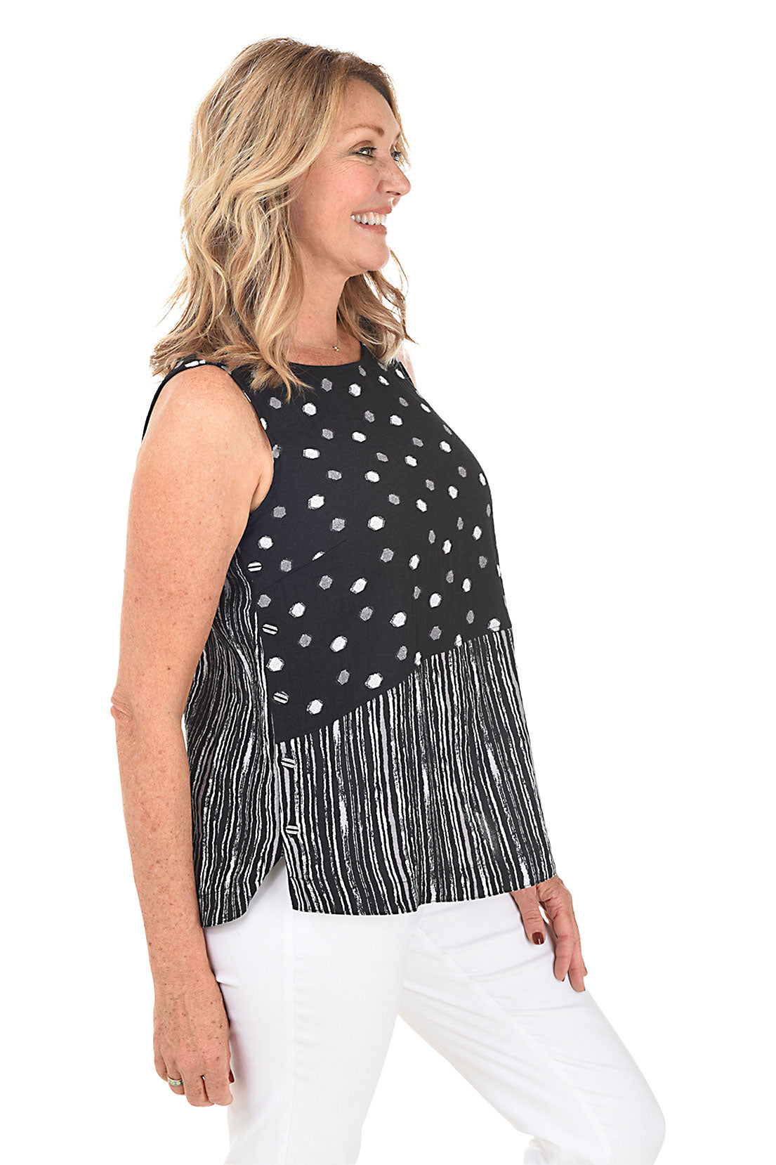 Black Stripes And Dots Side Button Tank