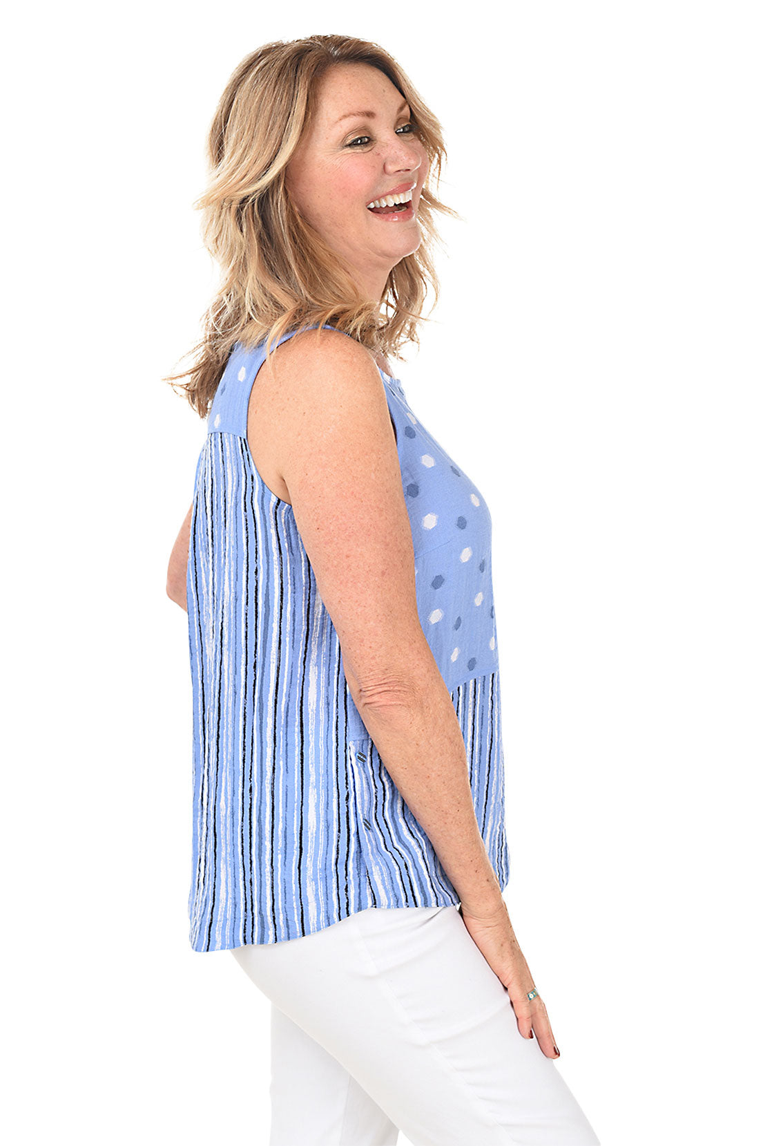 Cornflower Stripes And Dots Side Button Tank