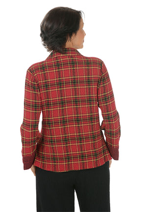 Woman wearing a red plaid shirt on a white background. Back shot.