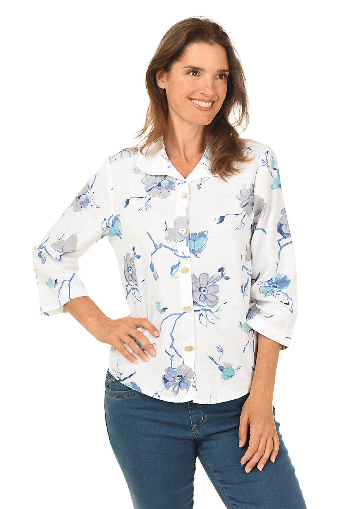 Retro Floral Linen-Blend Swing Shirt
