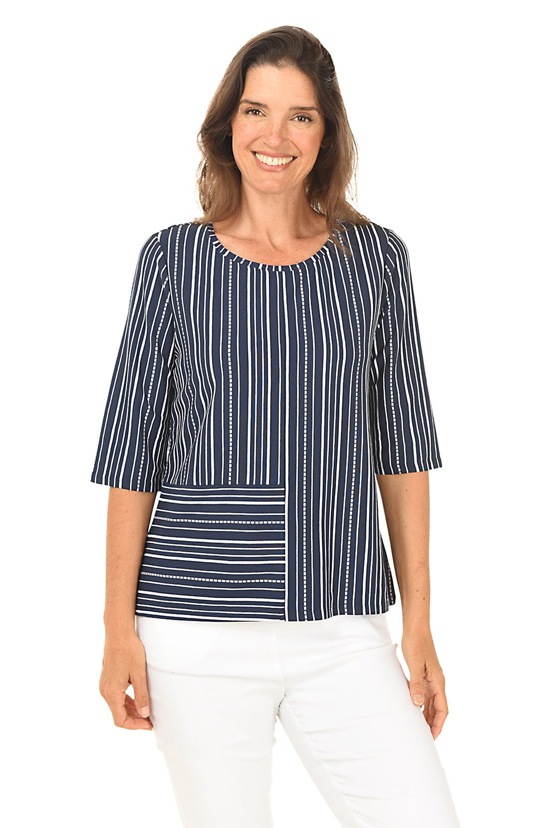 Navy Dashed Stripes Elbow Sleeve Top