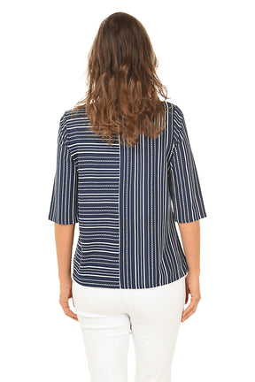 Navy Dashed Stripes Elbow Sleeve Top