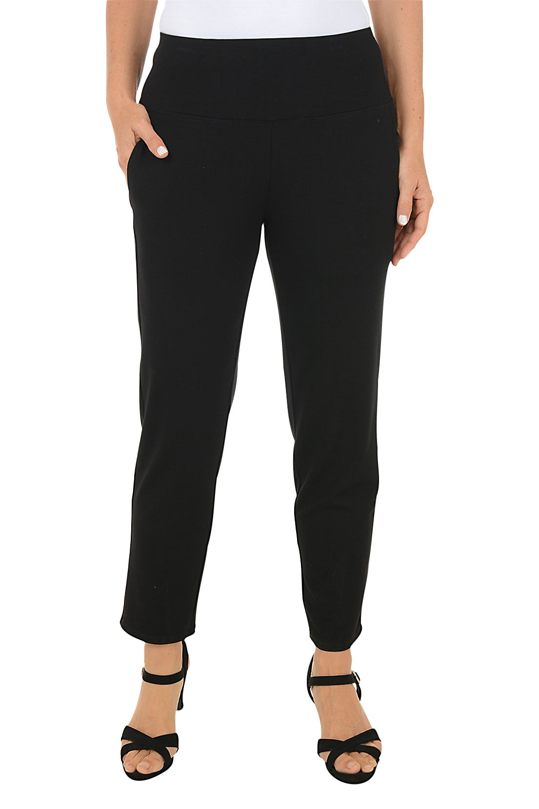 Black ankle pants with a pocket worn by a person on a white background.