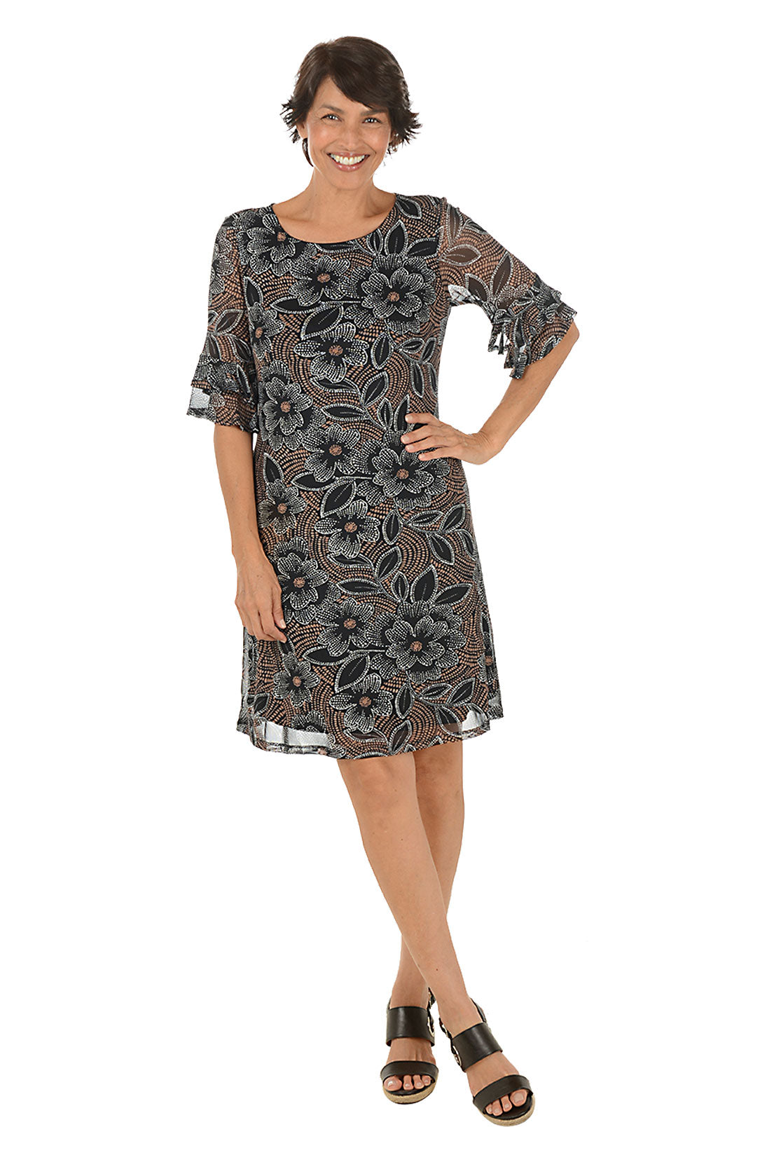 Natural Floral Mesh Ruffle Sleeve Dress