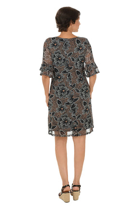 Natural Floral Mesh Ruffle Sleeve Dress