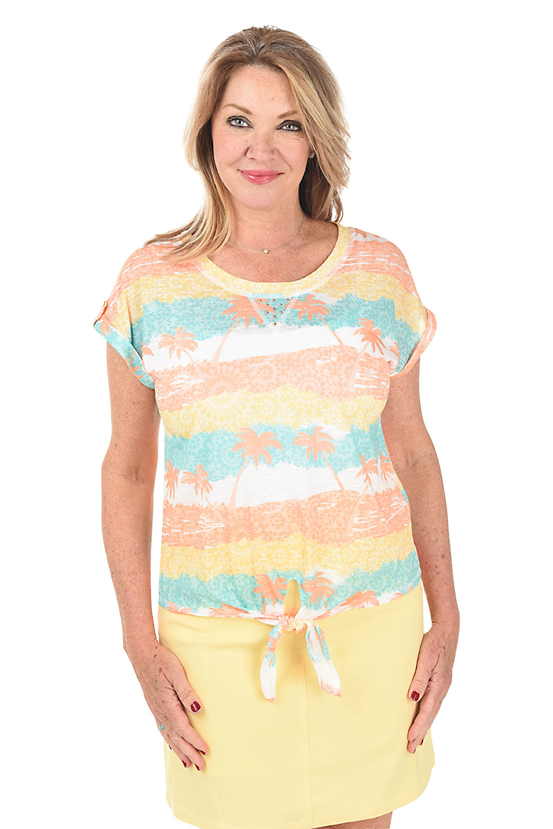 Petite Sol Mates Striped Palm Tie-Front Tee