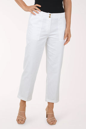 Person wearing white pants with a plain background