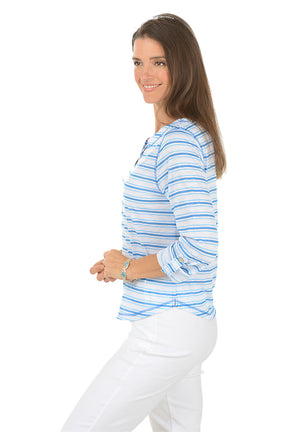 Woman wearing a blue and white striped shirt with a lace-up front, standing against a white background. Side shot.