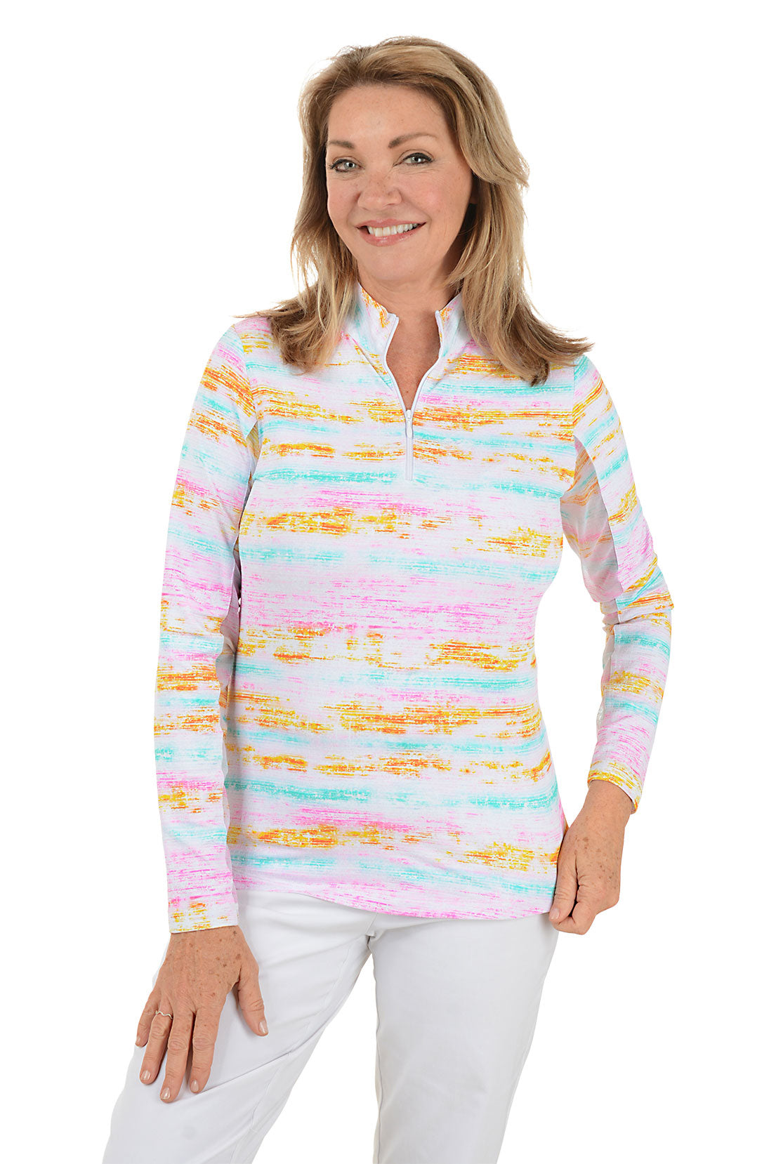 Woman wearing a colorful striped sweater on a white background