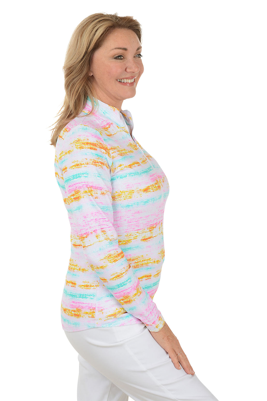 Woman wearing a colorful striped sweater on a white background