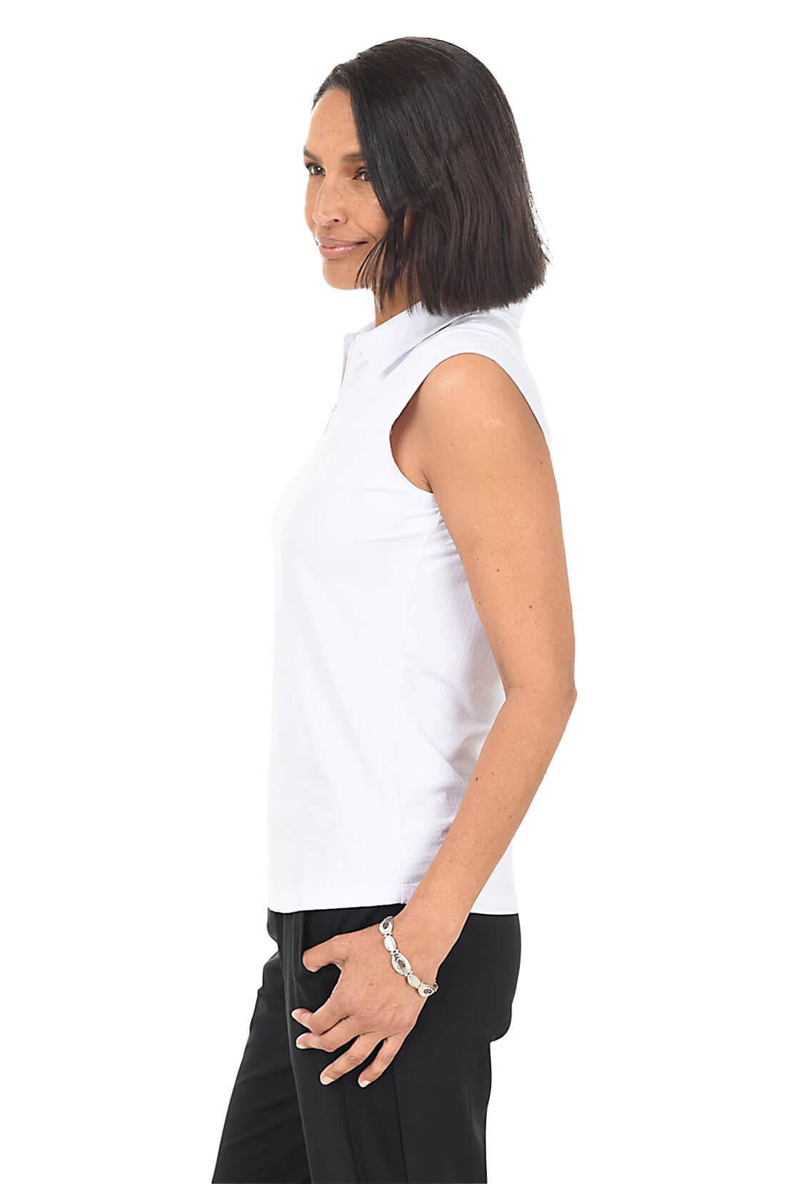 Side photo of model in a white sleeveless top