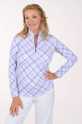 Woman wearing a purple checkered long-sleeve shirt on a white background