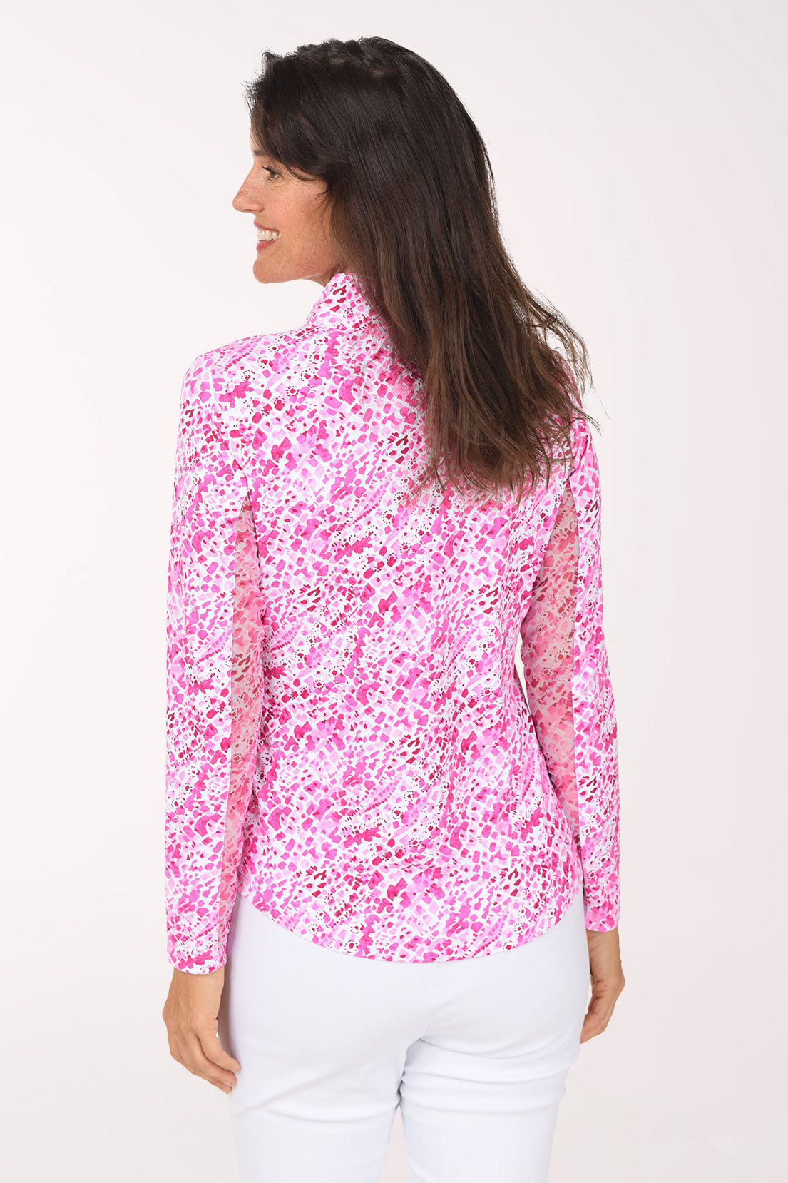 IBKUL Pink Yesenia Pebble UPF50+ Sun Shirt, back view, hot pink and white pebble print