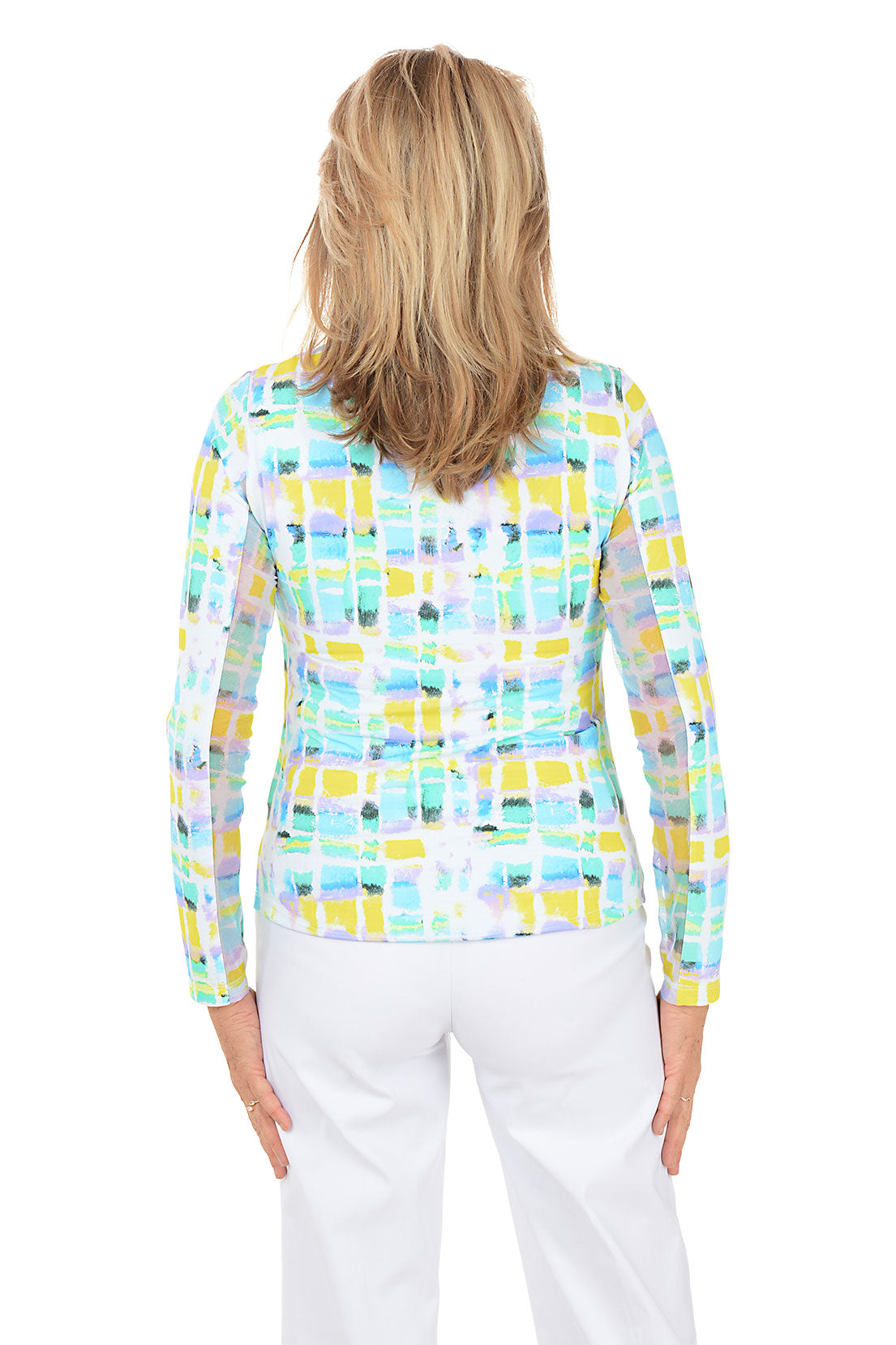 Woman wearing a colorful checkered shirt with a white background. Back shot.