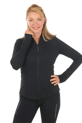 Woman wearing a black zip-up jacket and pants on a white background. Second front shot.