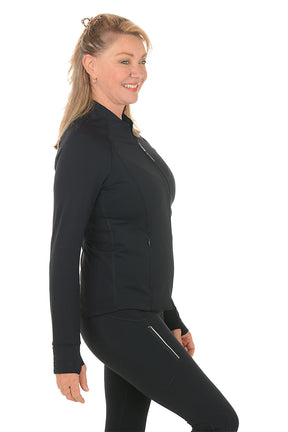 Woman wearing a black zip-up jacket and pants on a white background. Side shot.
