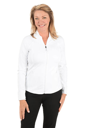 Front shot of model in white jacket