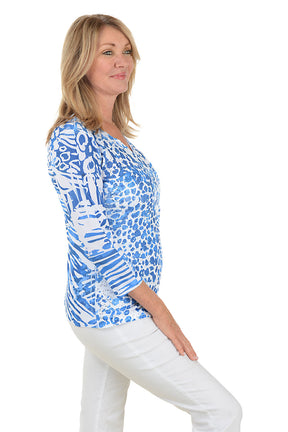 Petite Blue Leopard Sequined Surplice Knit Top