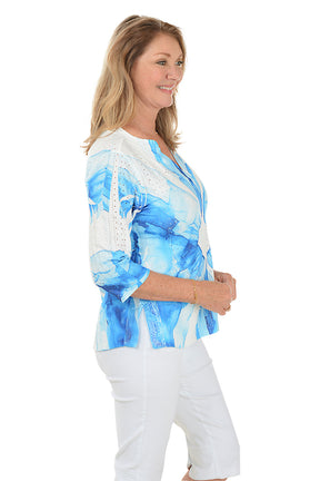 Blue Flower High-Low Eyelet Top