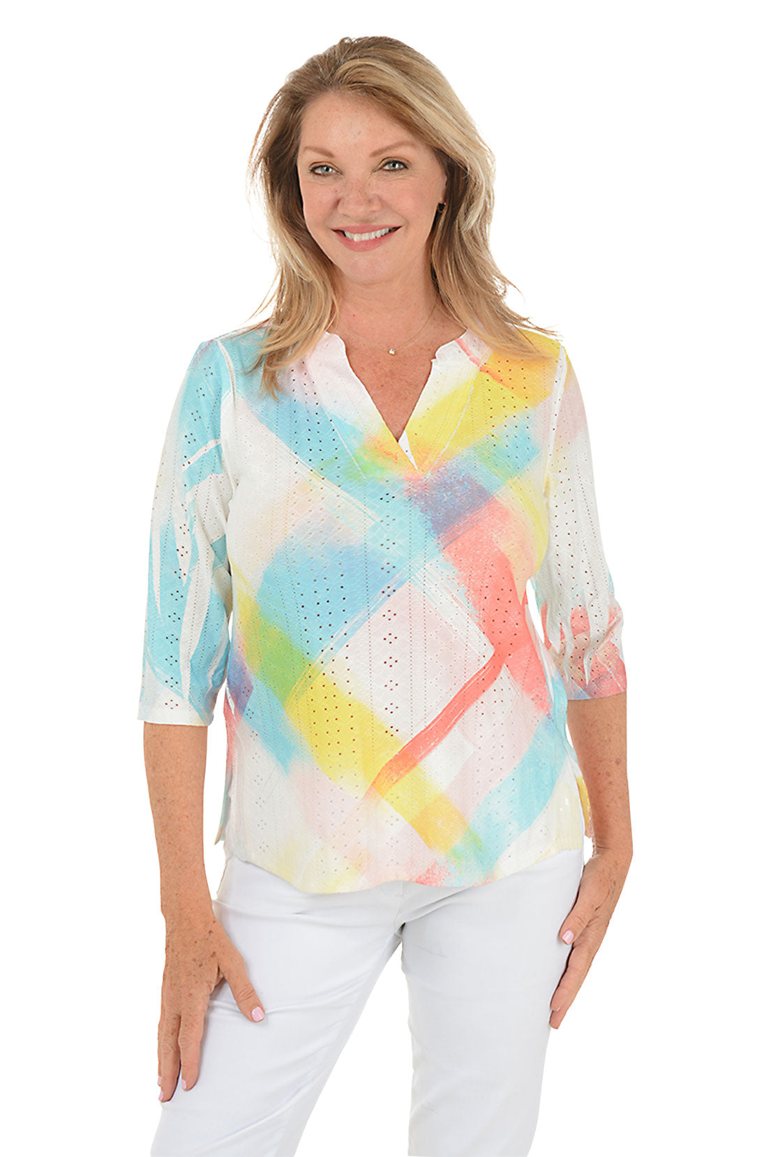 Petite Coral Checkered High-Low Eyelet Top