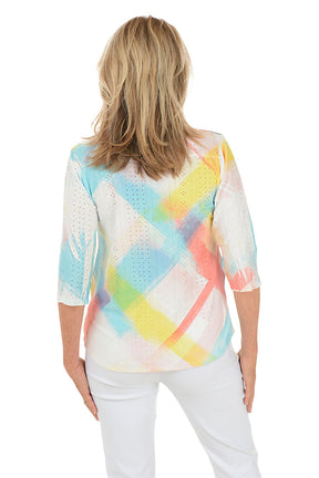 Petite Coral Checkered High-Low Eyelet Top
