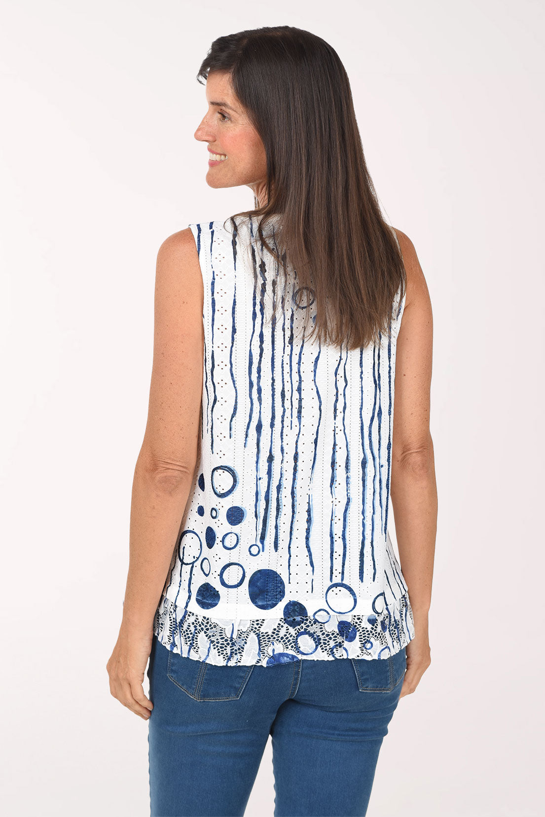 Back view of the Underwater View Eyelet Sleeveless Top with navy bubbles along the hem