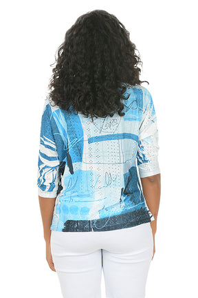 Woman wearing a blue patterned shirt on a white background. Back shot.