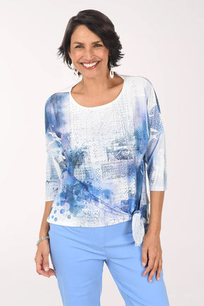 Petite Blue Prints Eyelet Tie Front Top