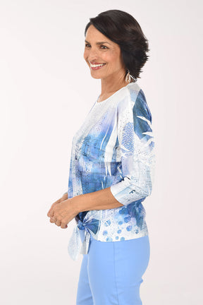 Petite Blue Prints Eyelet Tie Front Top