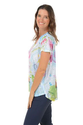 Watercolor Roses Button-Back Short Sleeve Top
