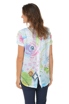 Watercolor Roses Button-Back Short Sleeve Top