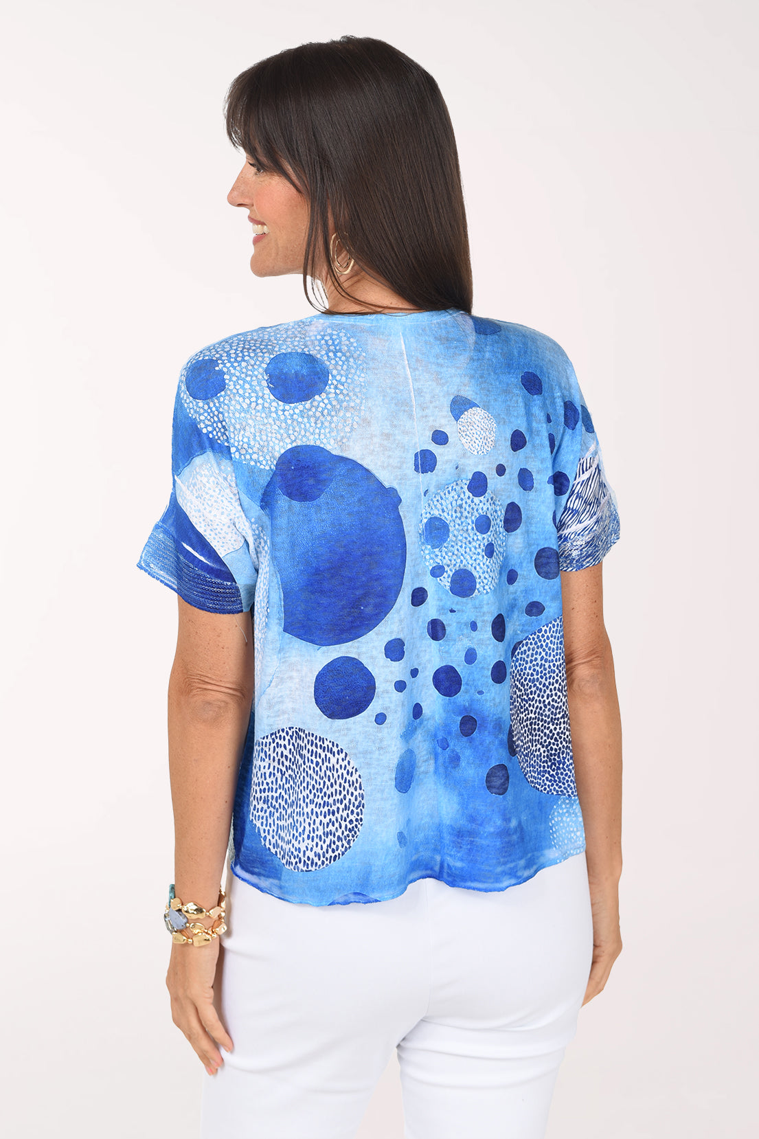 Back view of the Blue Flow top showing large cobalt circles and navy dots across the back.