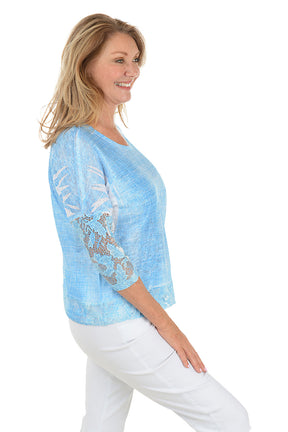Blue Shadow Lace Trim Dolman Sleeve Top