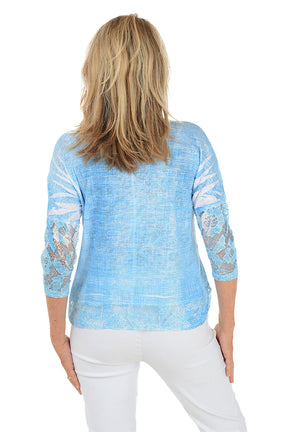 Blue Shadow Lace Trim Dolman Sleeve Top
