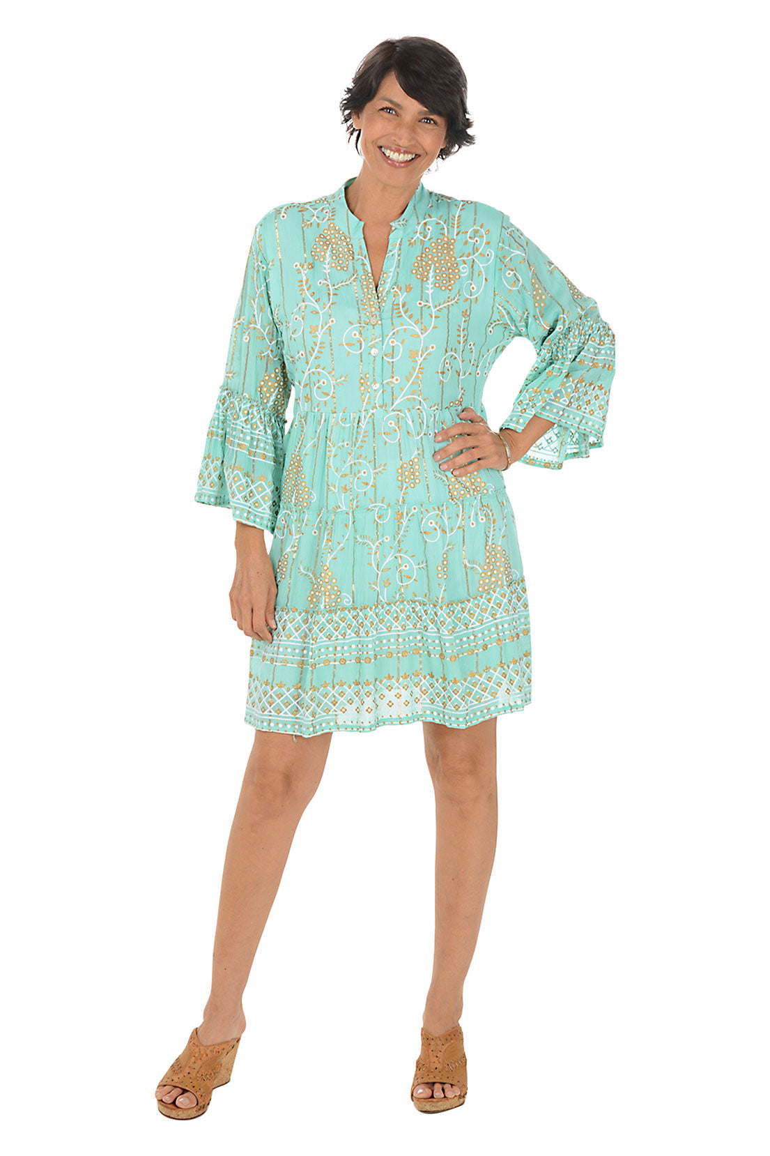 Golden Scrolls Bell Sleeve Tiered Dress