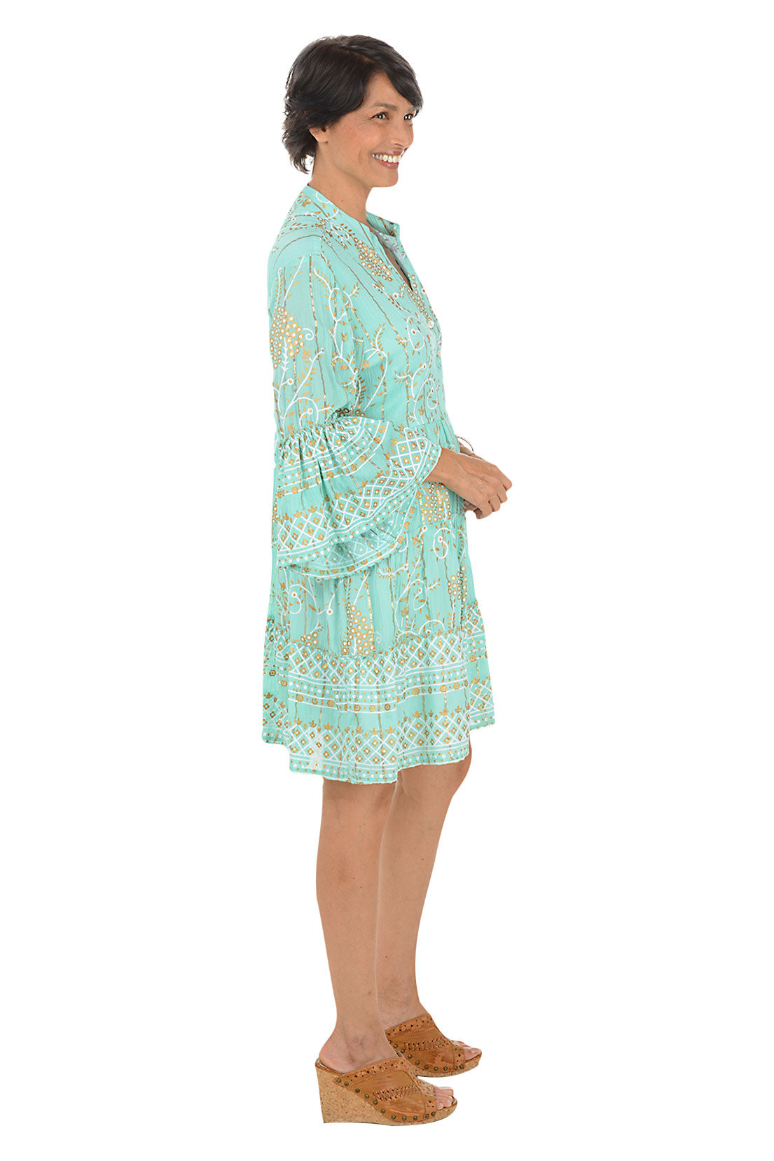 Golden Scrolls Bell Sleeve Tiered Dress