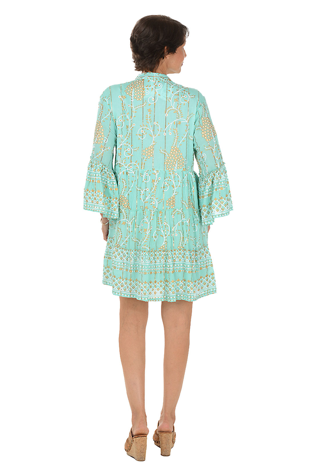 Golden Scrolls Bell Sleeve Tiered Dress