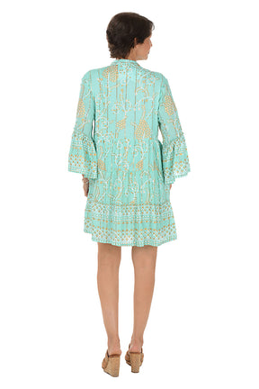 Golden Scrolls Bell Sleeve Tiered Dress