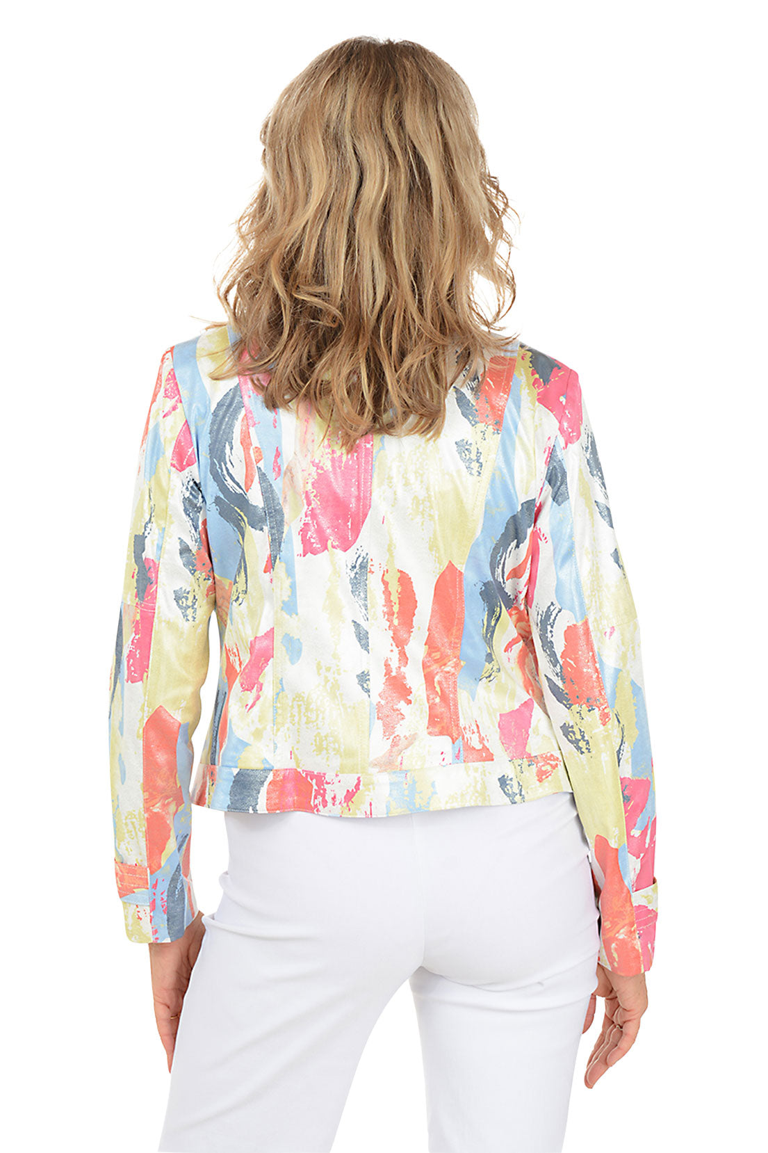 Woman wearing a colorful jacket over a white shirt and pants on a white background. Back shot.