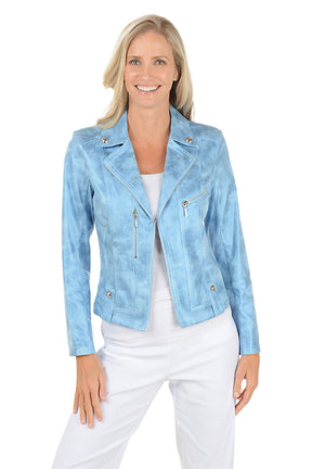 Woman wearing a light blue jacket on a white background. Second front shot.