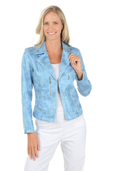 Woman wearing a light blue jacket on a white background.