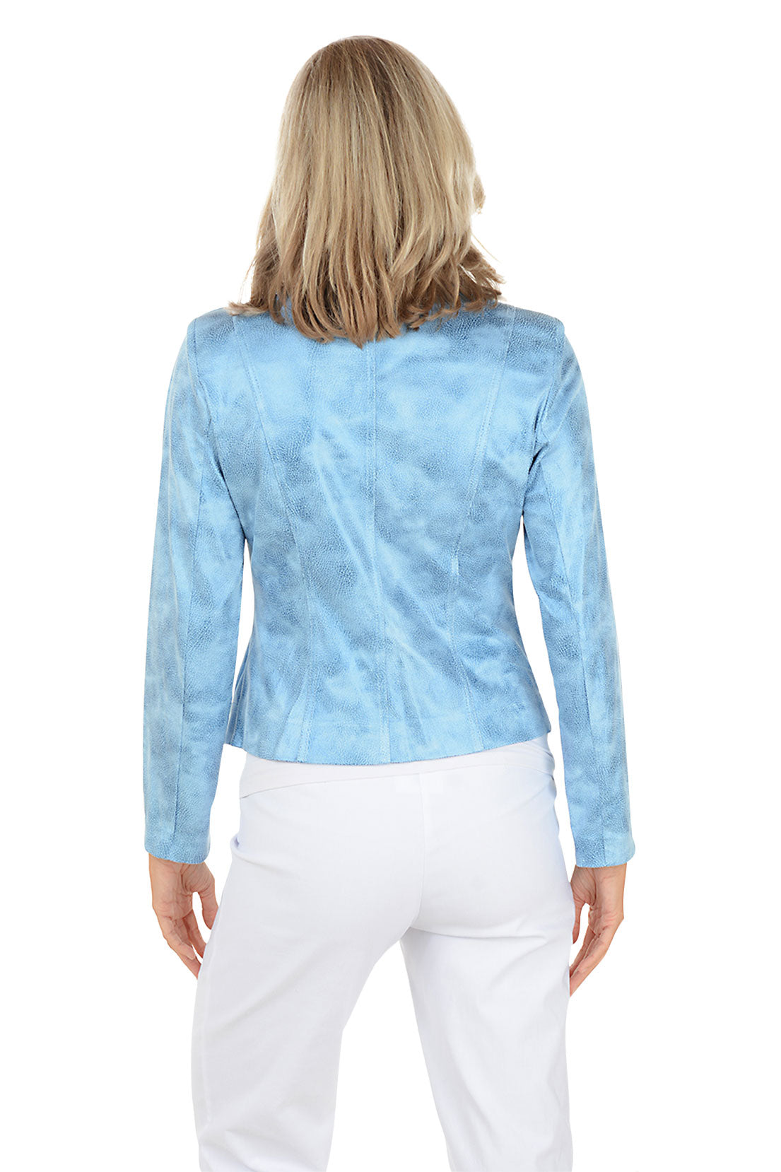 Woman wearing a light blue jacket on a white background. Back shot.