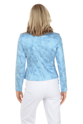 Woman wearing a light blue jacket on a white background. Back shot.