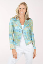 Woman wearing a colorful plaid jacket on a white background