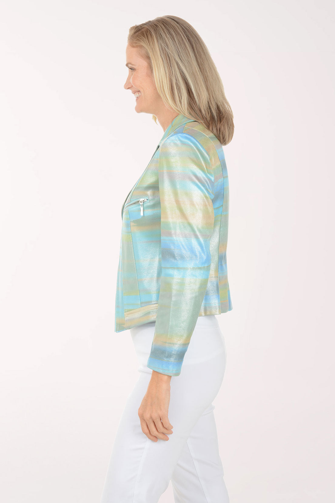 Woman wearing a colorful plaid jacket on a white background