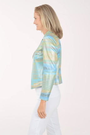 Woman wearing a colorful plaid jacket on a white background