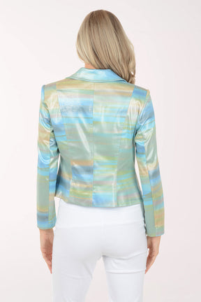 Woman wearing a colorful plaid jacket on a white background