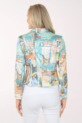 Woman wearing a colorful jacket with a white background